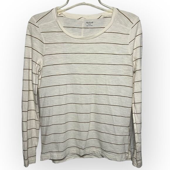 Madewell Tops - Madewell Cream & Brown Striped Long Sleeve Crew Neck T-Shirt w/Side Vents Sz S
